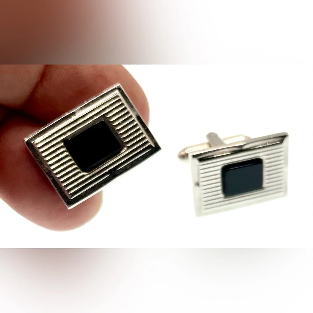 3 for $30 VTG Signed Dante Silver Tone Cufflinks with Black Center Gem MCM